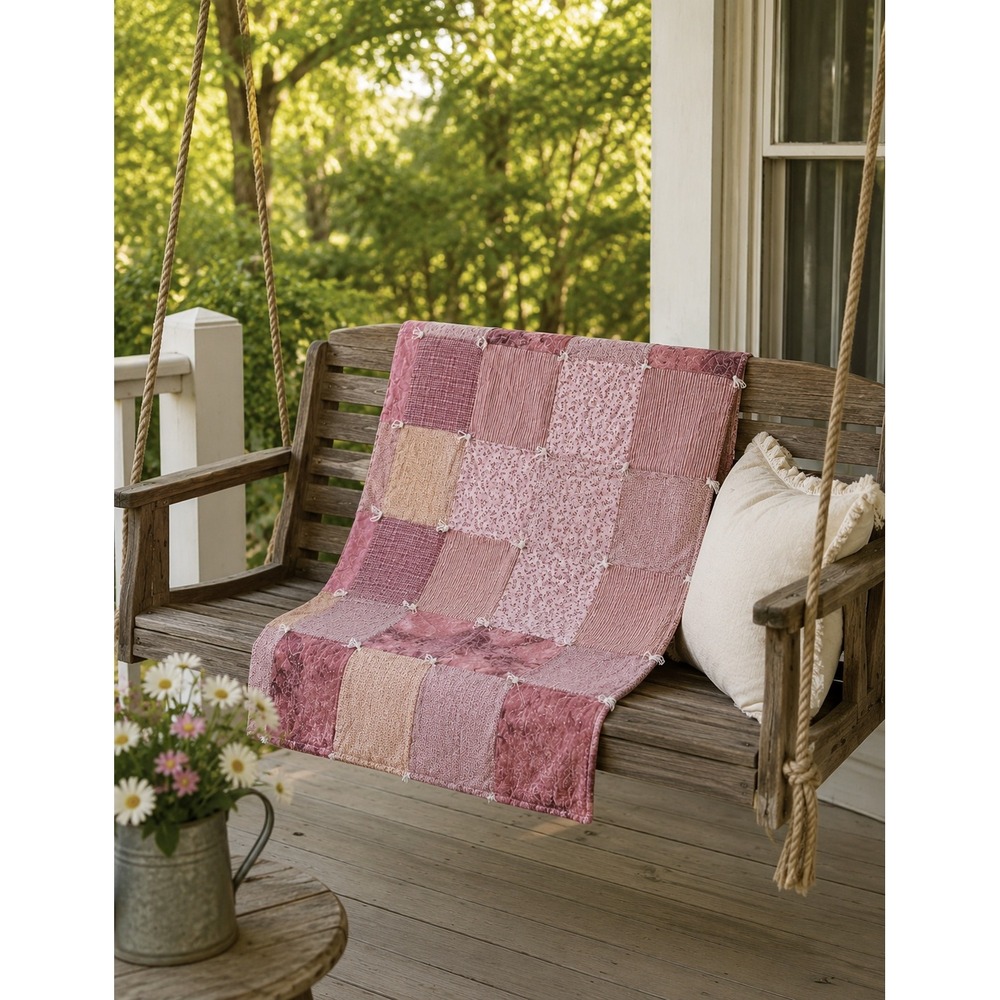 Handmade Pink Patchwork Quilt Throw 40x44 Cottagecore Farmhouse Accent‎ Blanket